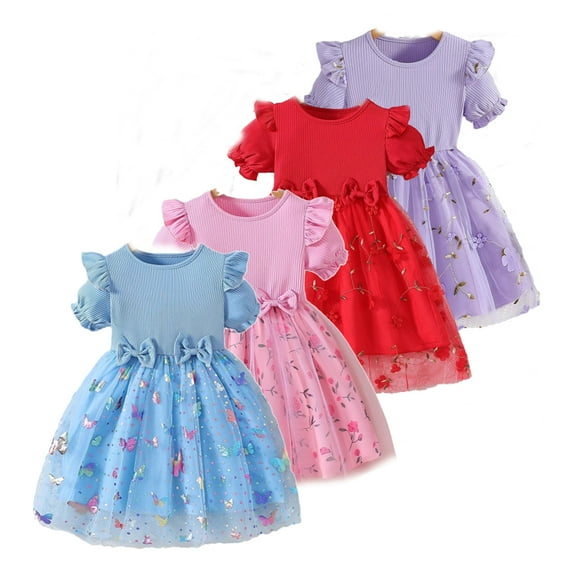 Bellafa Toddler Tutu Jersey Dress Little Girls Fluffy Bowknot Summer Dresses Casual Party Tulle Sundress for Kids 2-6Y-Butterfly