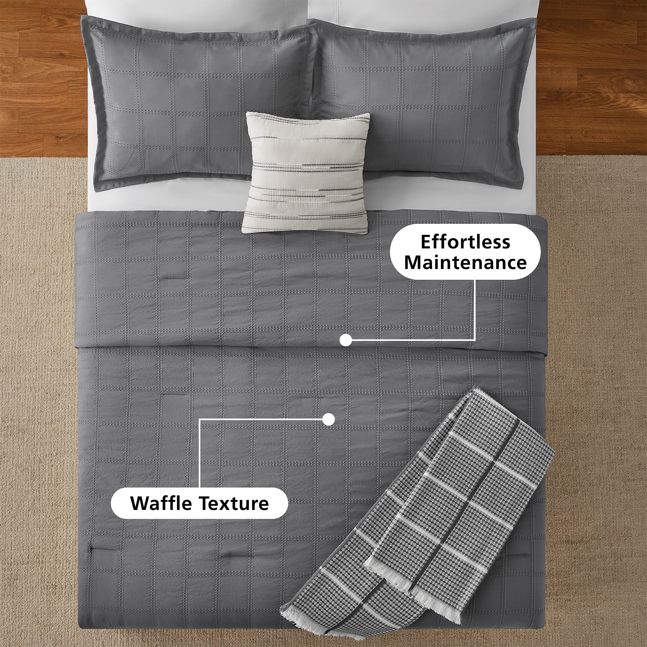 Mainstays Full/Queen Comforter Set, All-Season, 5-Piece, Grey Waffle Check