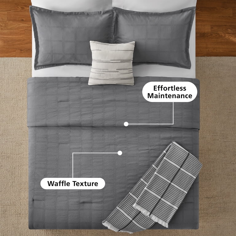 Free Shipping! Mainstays King Grey Waffle Check Comforter Set with