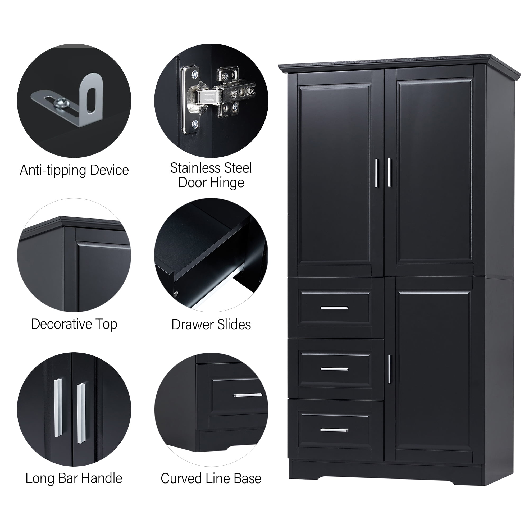 Harper & Bright Designs Tall and Wide Bathroom Storage Cabinet with Drawers and Doors, Modern Bathroom Floor Storage Cabinet with Shelf, Black