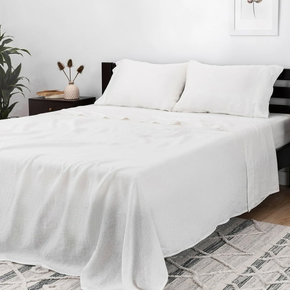 Mellanni 100% Flax Linen 4-Piece 135 GSM White Linen Sheet Set, Queen - Deep Pocket