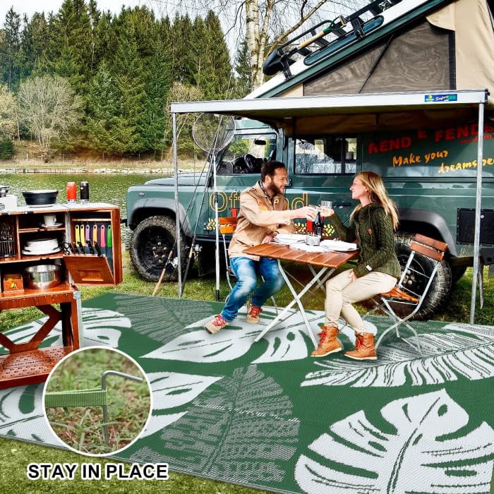Ataucjin Large Outdoor Rug,8*12ft Waterproof Plastic Straw Rug, Modern Tropics Palm Leaves Camping Rug for Patio, Reversible Mat for Outside Patio RV Porch Deck Balcony