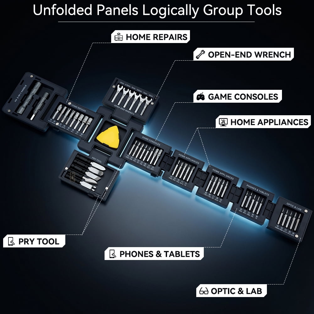 Unfold the All-in-One Home & Precision Toolkit 55 Pieces tools Screwdriver Set for iPhone, MacBook, Computer, Laptop, PC, Watch and Jewlry