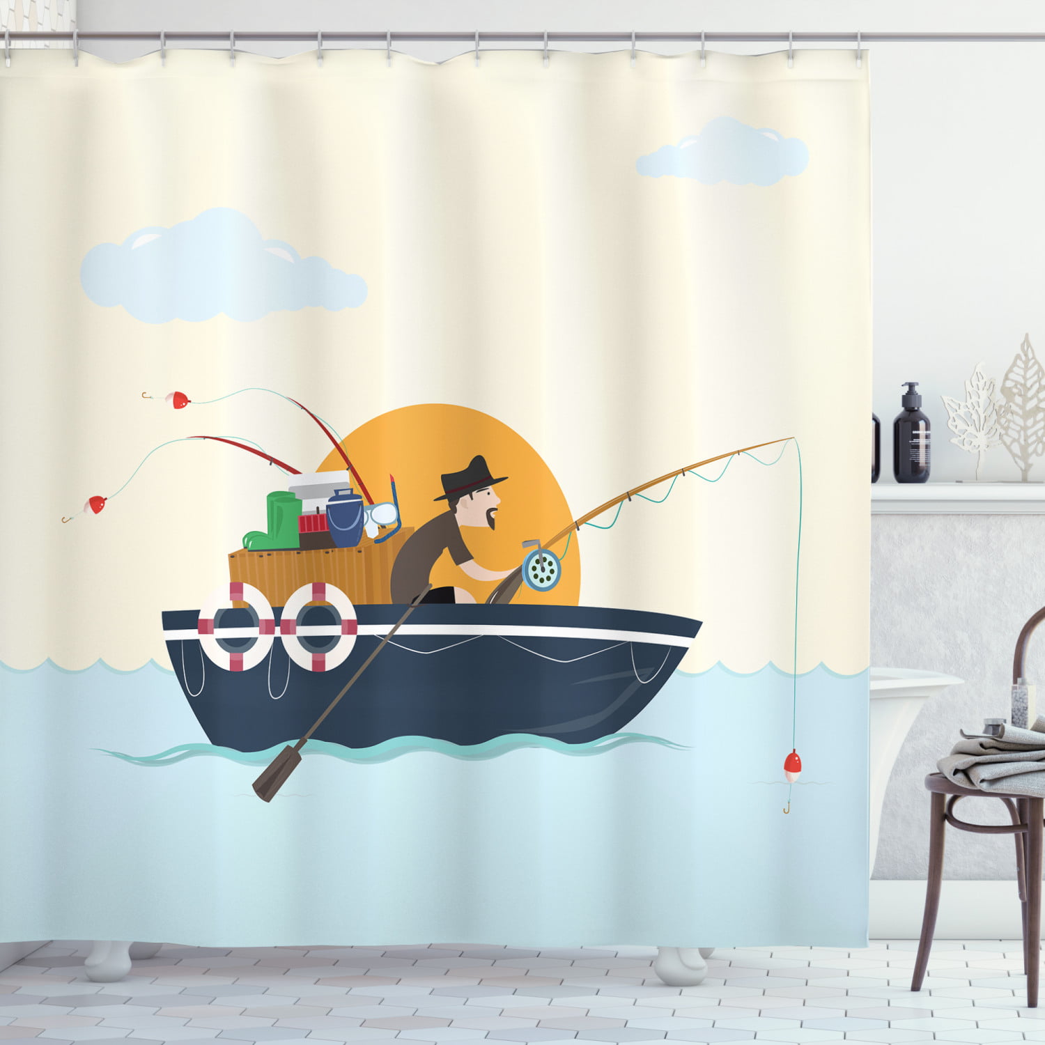 Waterproof Shower Curtain Sea Women Boat Art Print Bathroom Decor Shower Curtain 
