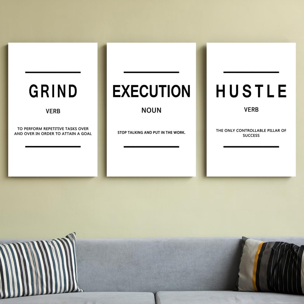 Black and White Framed Canvas Inspirational Painting Wall Art Grind Hustle Execution Motivational Wall Art Decoration Posters Prints for Living Room Bedroom Office Decor Ready to Hang 12"x16"