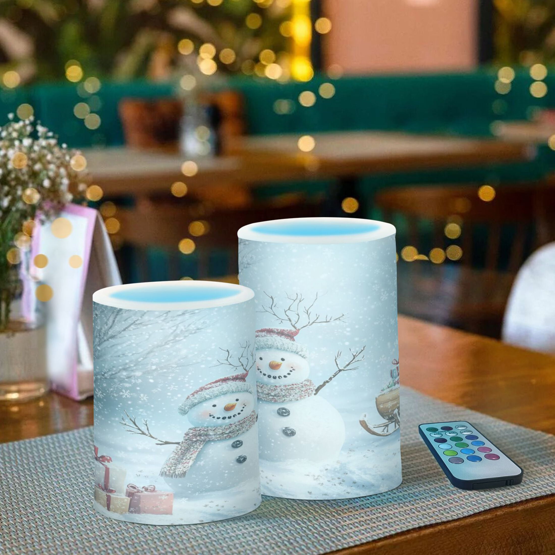 WOBOGO Size Combo Candle Flickering Flameless with Remote Control and Timer for Romantic Atmosphere Snowman Next To A Sleigh Full Of Presents