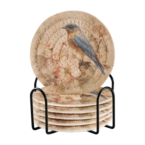 6 Pcs Drink Coasters with Holder 3.94in Woven Coasters for Drinks Bluebird and Ancient Flowers Coaster Set for Protection Table