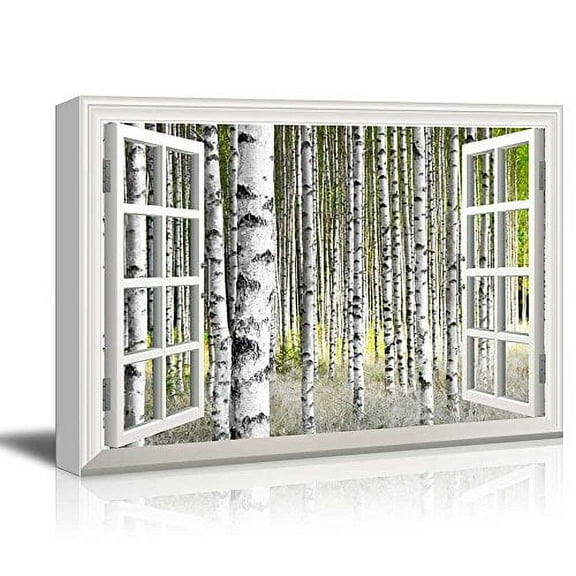 wall26 Canvas Print Wall Art Window View of White Birch Tree Forest Nature Wilderness Photography Realism Rustic Landscape Colorful Vibrant for Living Room, Bedroom, Office - 24"x36"