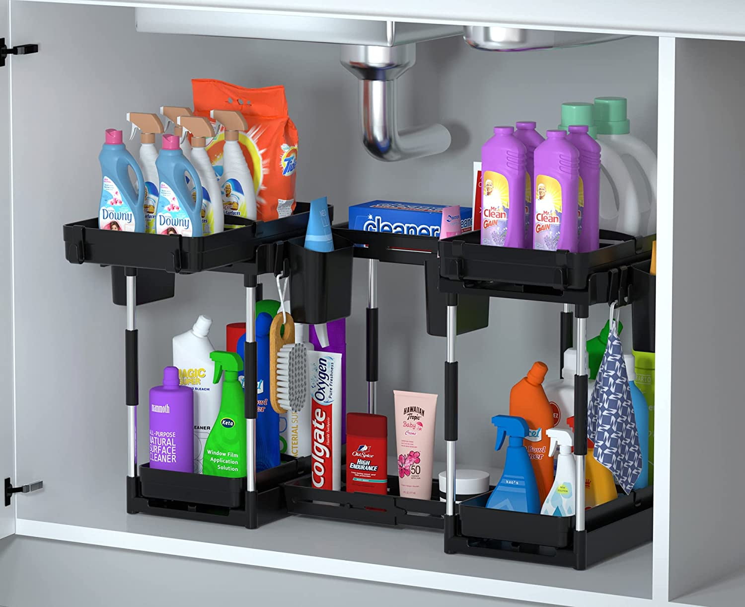 Double Sliding Under Sink Organizers and Storage - 2 Tier Pull Out Under Kitchen Cabinet Organizer w 2 Hanging Cup,6 Hooks,2 Dividers, Under Counter Sink Organization for Bathroom, Adjustable H and W