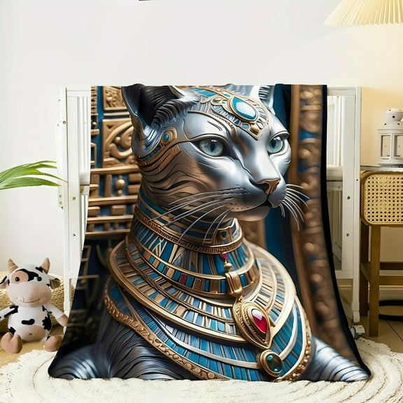 Egyptian-Inspired Cat Tapestry Throw Blanket - Polyester Flannel, Digital Print, Soft and Warm for Sofa, Bed, Travel, Camping, Living Room, Office