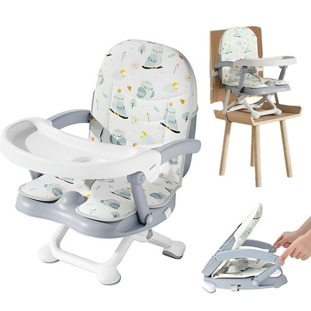 Folding Baby Booster Seat for Dining Table, Portable Toddler Chair with 4 Adjustable Heights and 3-Point Harness, Travel Booster Seat for Indoor/Outdoor
