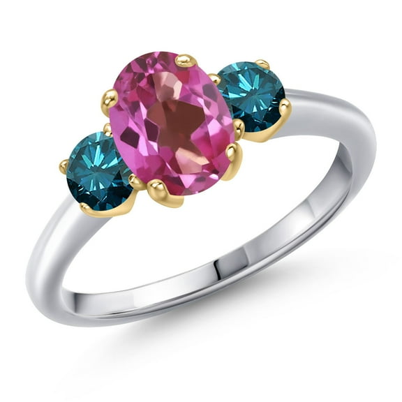 Gem Stone King 925 Silver and 10K Yellow Gold Pink Mystic Topaz and Blue Diamond Engagement Ring for Women | 1.84 Cttw | Oval 8X6MM | Gemstone November Birthstone | Size 9