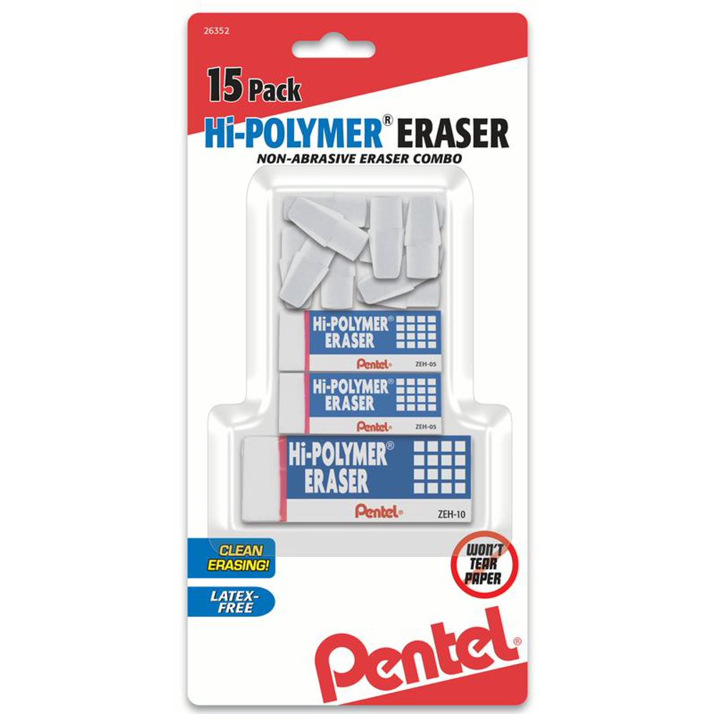Pentel HiPolymer Eraser White Pack (2small, 1large, 12caps),15pk