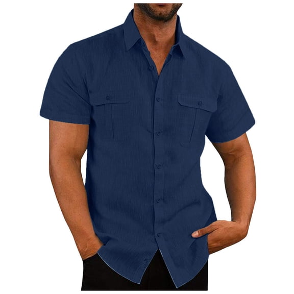 CIENVNSTG Mens Button Down Shirt Short Sleeve Cotton Linen Tee Solid Fashion Summer Beach Wedding Vacation Shirt with Pockets Navy 2XL