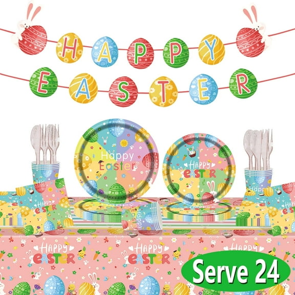Easter Paper Plates Disposable Easter Tableware Bunny Napkins Banner for Easter Party Supplies Serve 24