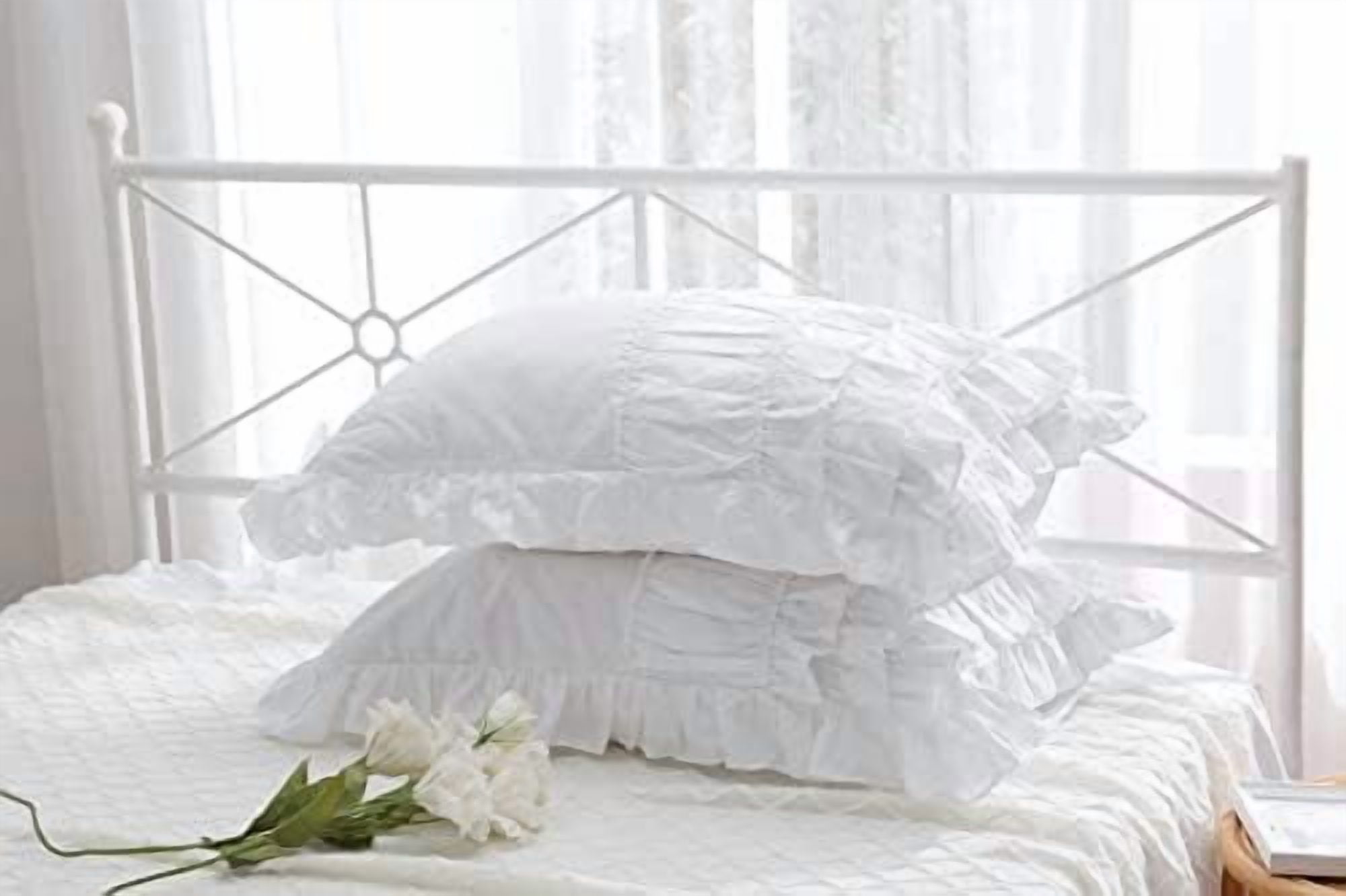 White Shabby Chic Pillow Shams Pillowcases with Ruffles Queen Size Cotton Pillow Covers 20"X30" 2pcs French Country Boudoir Luxury Princess