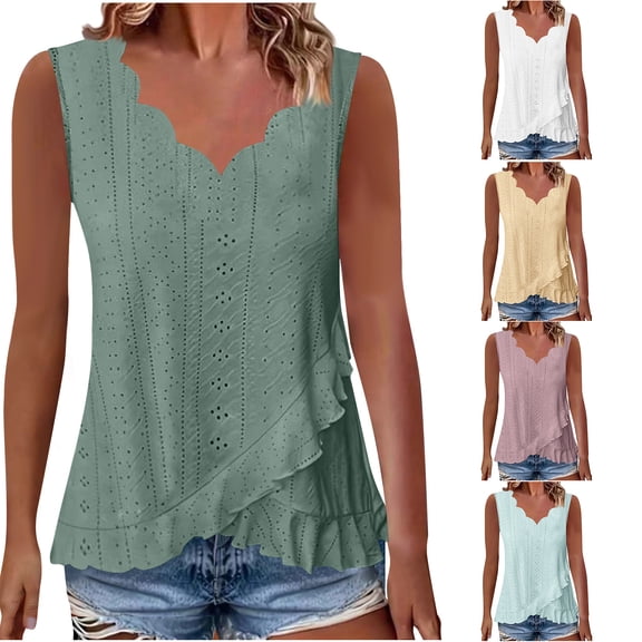 Admvng Tank Top for Women Scallop V-Neck Eyelet Embroidery Sleeveless Ruffle Hem Camisole