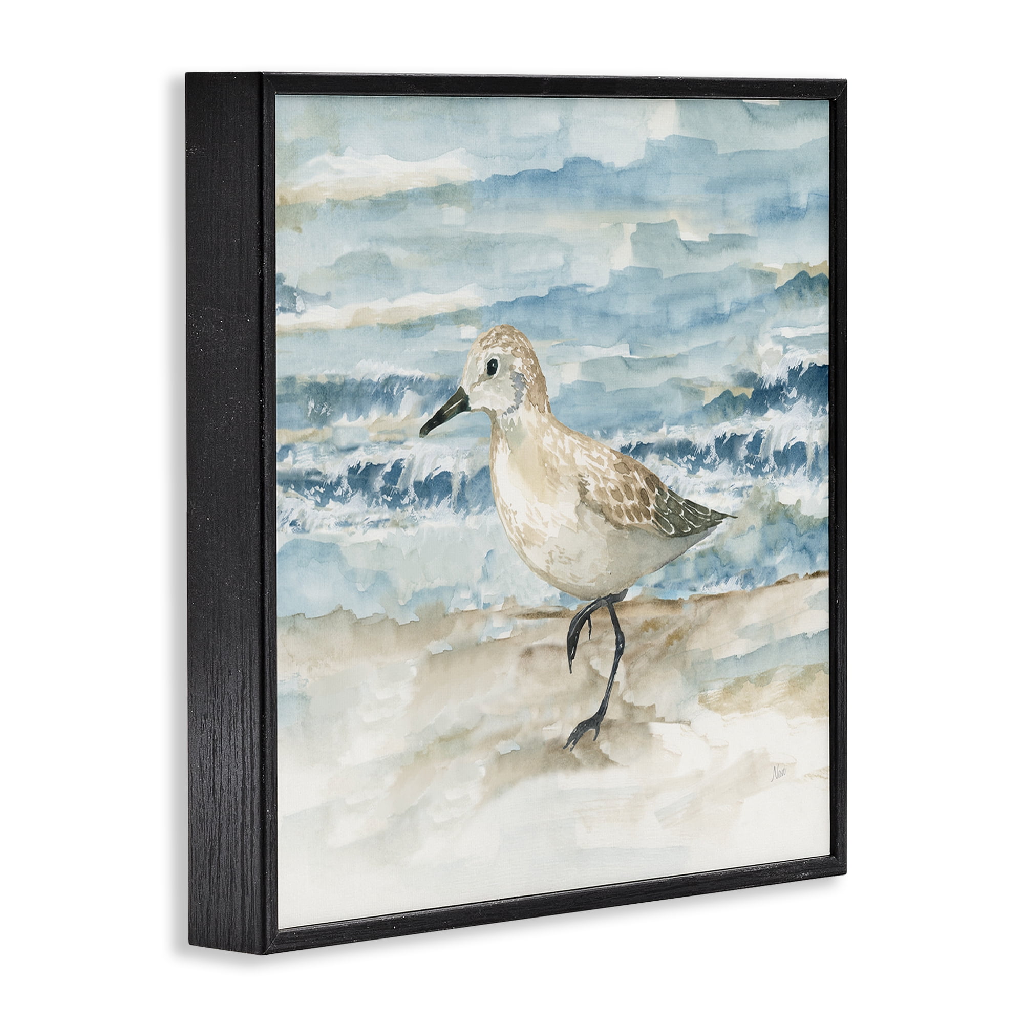 Stupell Industries Balancing Sandpiper on Shore Animals Painting Black Framed Art Print Wall Art, 12 x 12