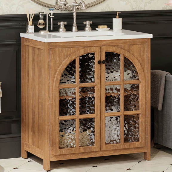 Resenkos 31" Farmhouse Bathroom Vanity with Ceramic Sink, Vintage Rustic Cabinet, Bronze Pulls, 2 Soft-Closing Doors - Brown