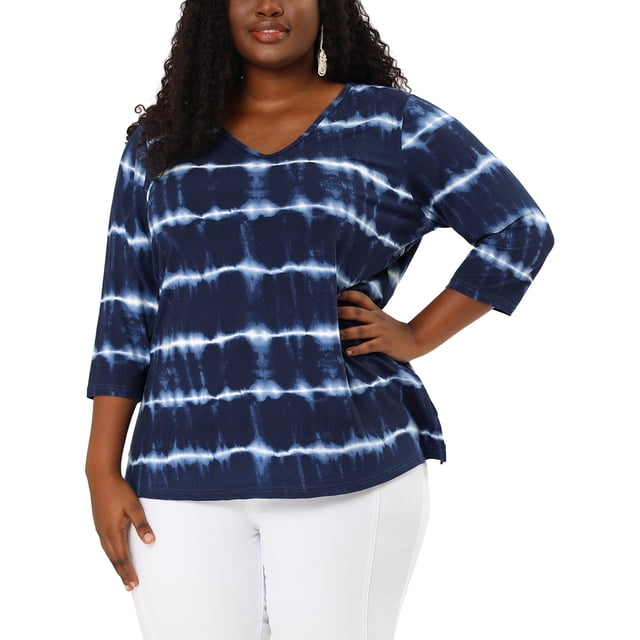 Women's Plus Size T-shirt Tye Dye Side Slit 3/4 Sleeve Stripe Top Blue 1X