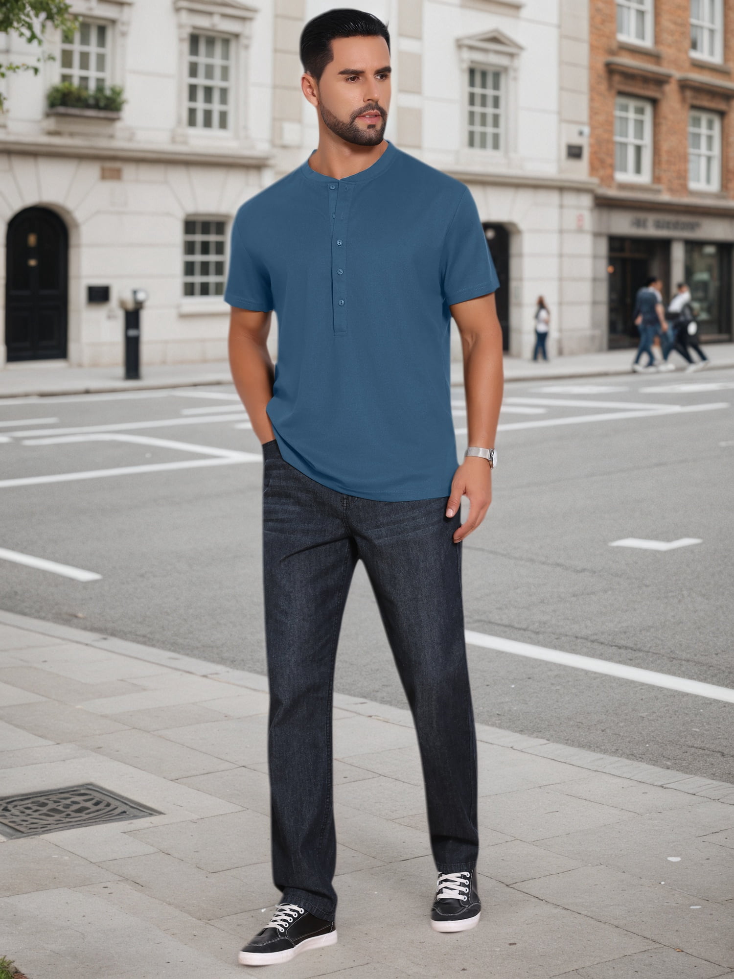 DARING DIVA Men's Henley Breathable Short Sleeve Button Down T-Shirt 2XL Dark Blue