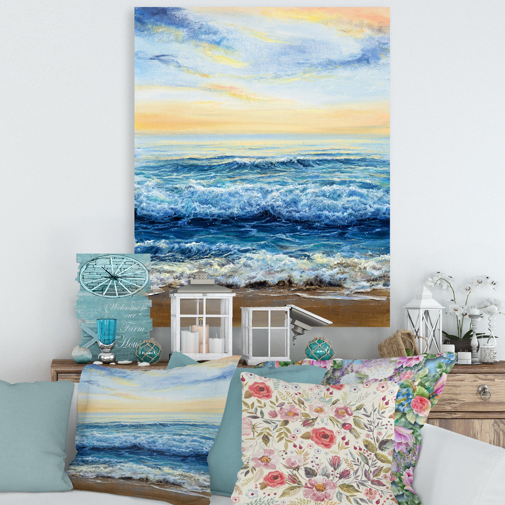Designart ' Ocean Waves At Sunrise ' Nautical & Coastal Canvas Wall Art Print