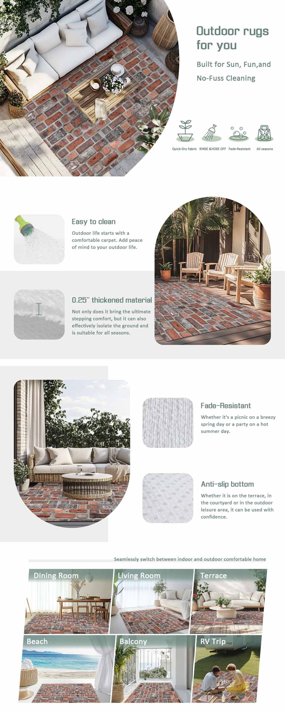 Red Brick Wall Outdoor Rug for Patio/Deck/Porch, Non-Slip Large Area Rug 5 x 7 Ft, Vintage Farmhouse Stone Rocks Geometric Print Indoor Outdoor Rugs Washable Area Rugs, Camping Rug Carpet Runner
