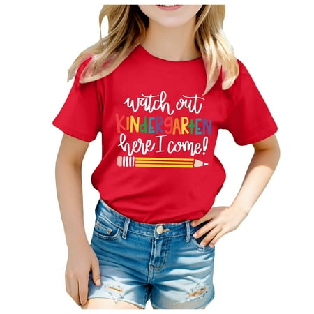 

Girls Shirts Casual Kids School Season Back To School Season Printed Casual Short Sleeve Top T Shirt Fall Clothes Orange-A 130