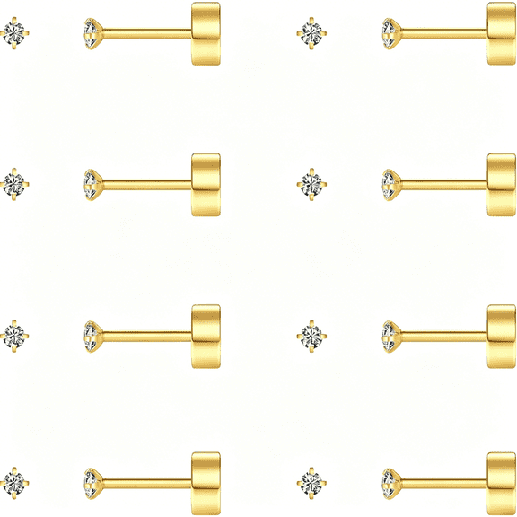 DESIGNICE 8 Pairs Tiny Flat Back Earrings for Women Men 14K Gold Plated Surgical Stainless Steel Stud Earrings Hypoallergenic Cubic Zirconia Studs Cartilage Earrings 2Mm 3Mm 4Mm
