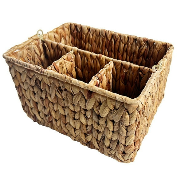 Flatware Organizer Water Hyacinth Woven Divided Cutlery Storage Basket for Kitchen Countertop Dining Table