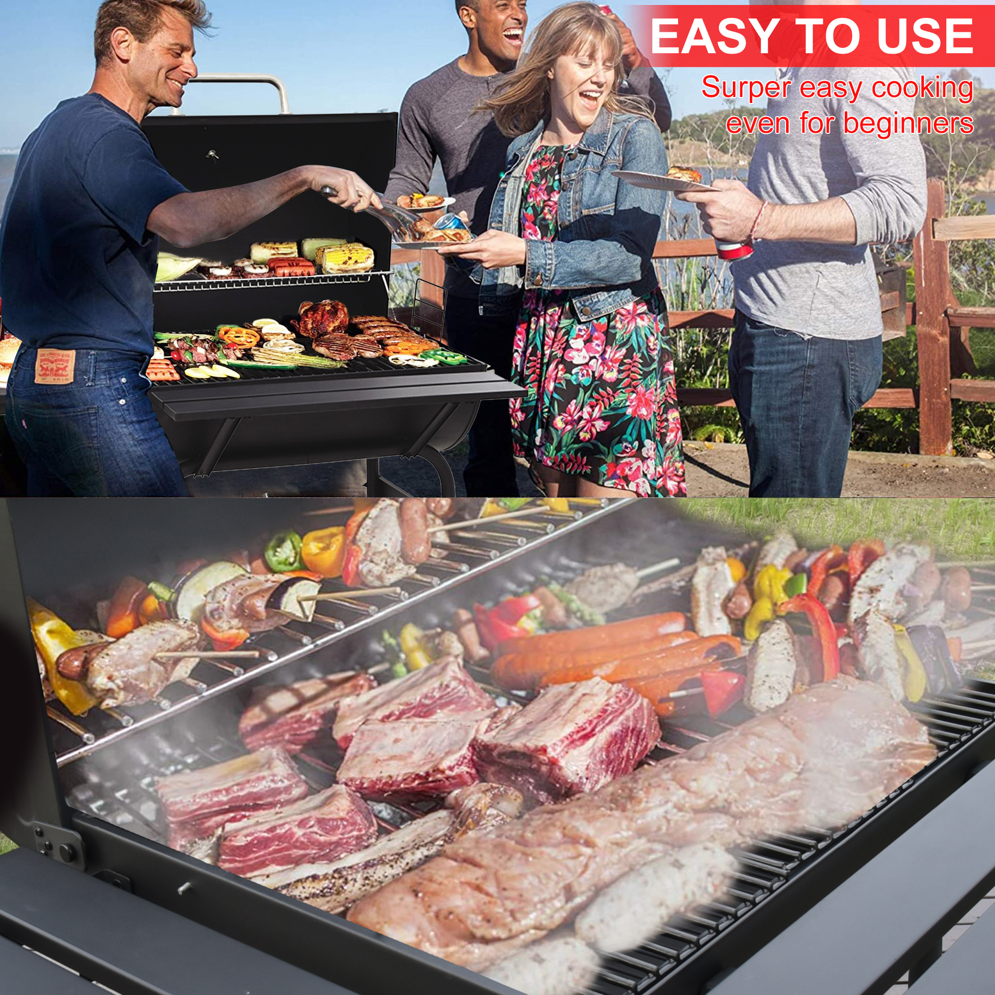 Patio Outdoor Charcoal Grill for Patio, 30'' Portable BBQ Charcoal Grill with Metal Shelf, BBQ Charcoal Grill w/Temperature Gauge and Metal Grate, Cooking Grate for Steak Chicken, SS1062 - image 4 of 8