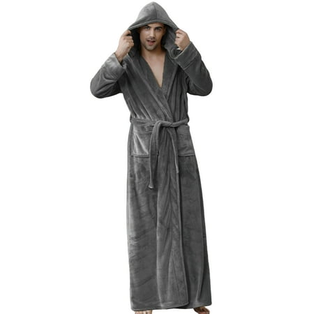 

Men Fleece Hooded Bathrobe Plush Long Sleeve Full Length Robe Soft Warm Shawl Collar Sleepwear Nightgown Robe with Pockets Cozy Holiday Vocation Housecoat Shower Bathrobe S-L Gray
