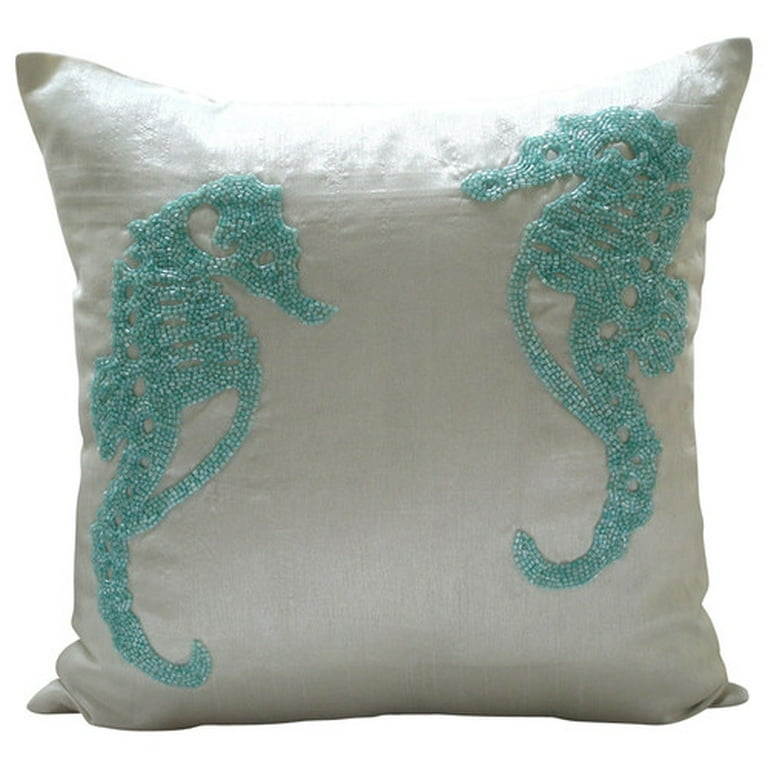 White Decorative Pillow Cover Beaded Sea Horse Beach Ocean