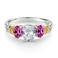 thumbnail image 2 of Gem Stone King 925 Sterling Silver and 10K Yellow Gold Oval White Topaz Pink Created Sapphire and White Diamond 3 Stone Ring for Women (2.53 Cttw, Gemstone November Birthstone, Size 8), 2 of 3