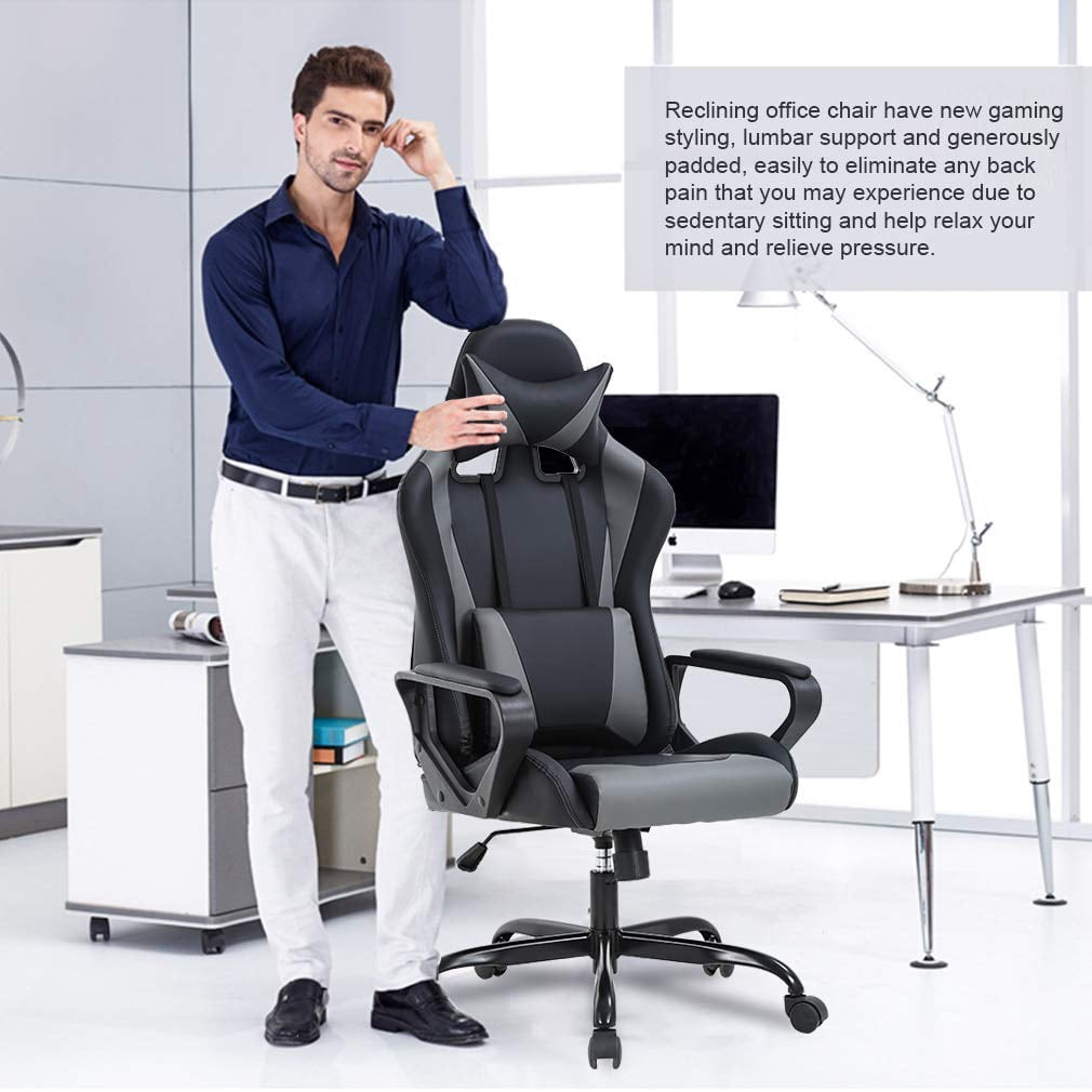 Dkelincs Gaming Chair for Teens PU Leather Computer Chairs with Headrest,Waist Pillow and Quiet Rolling Wheels, Gray