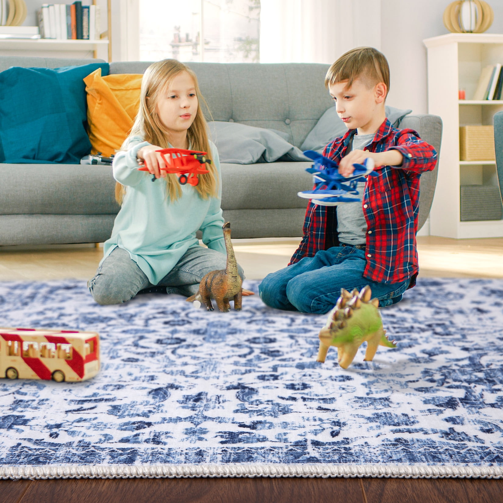 Garvee 10'x13' Large Vintage Rug Floral Print Area Rug Oriental Soft Foldable Thin Carpet Area Rugs for Living Room Bedroom, Blue