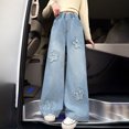thumbnail image 6 of Gubotare Girls Jeans Strech Waist Band Baggy Jeans for Girls Y2K Denim Elastic Waist Wide Leg Pants Embroidery Vintage Jeans Aesthetic Clothing Teen Girls Size 13-14 (Blue,13-14 Years), 6 of 8