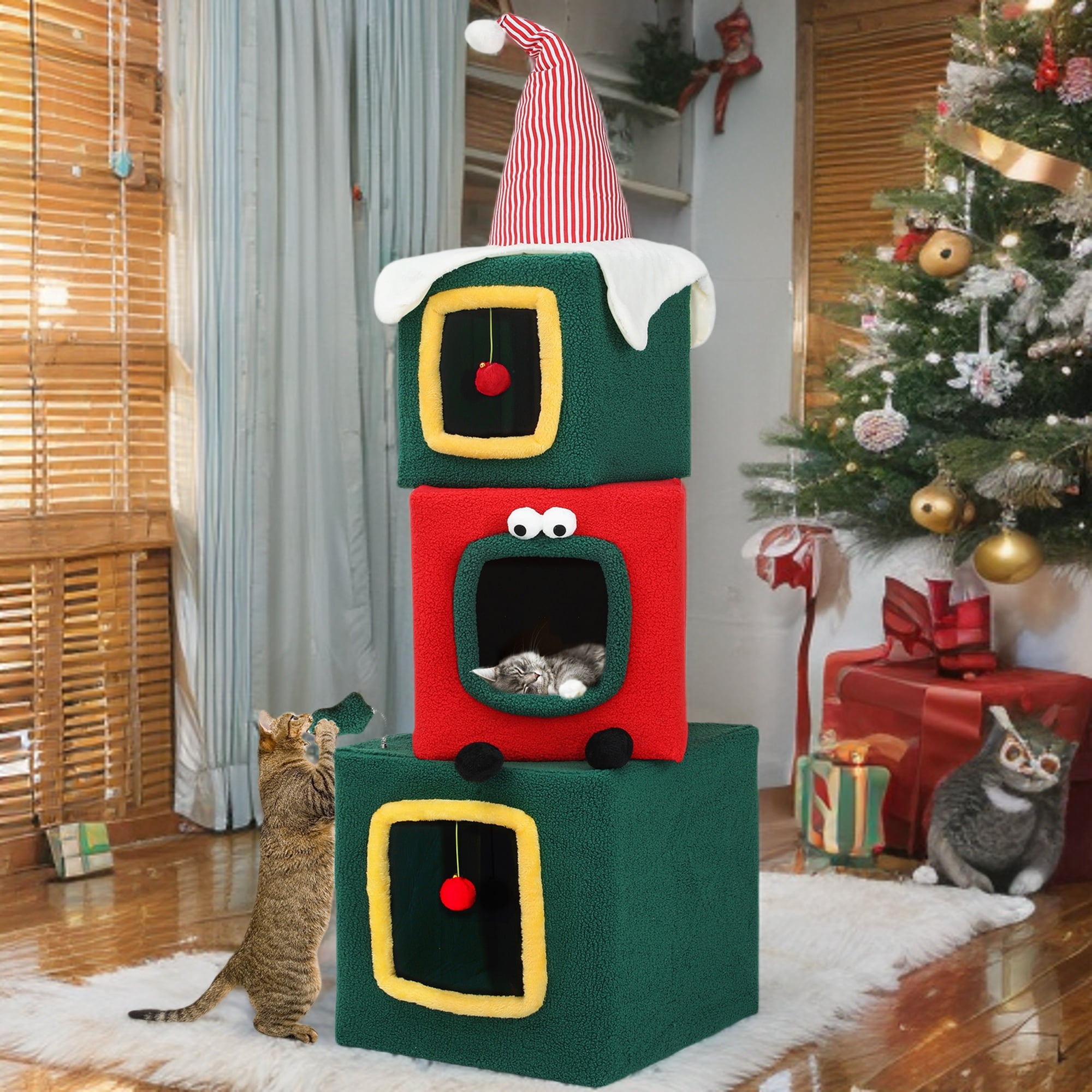 Dextrus 60 in Christmas Cat Tree with Cat House Cat Tower for Indoor Cats with Cat Condos,Kittens Play Activity Center,Cat Furniture with Plush Ball for Christmas Decoration