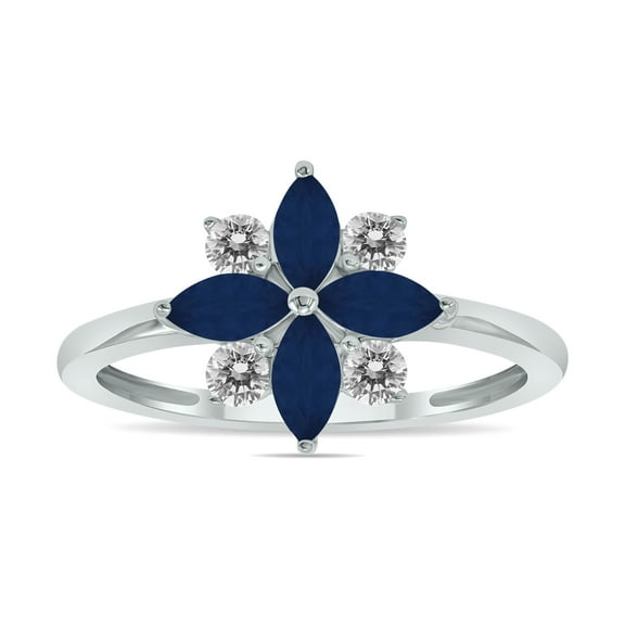 SZUL Women's 3/4 Carat TW Sapphire and Diamond Flower Ring in 10K White Gold