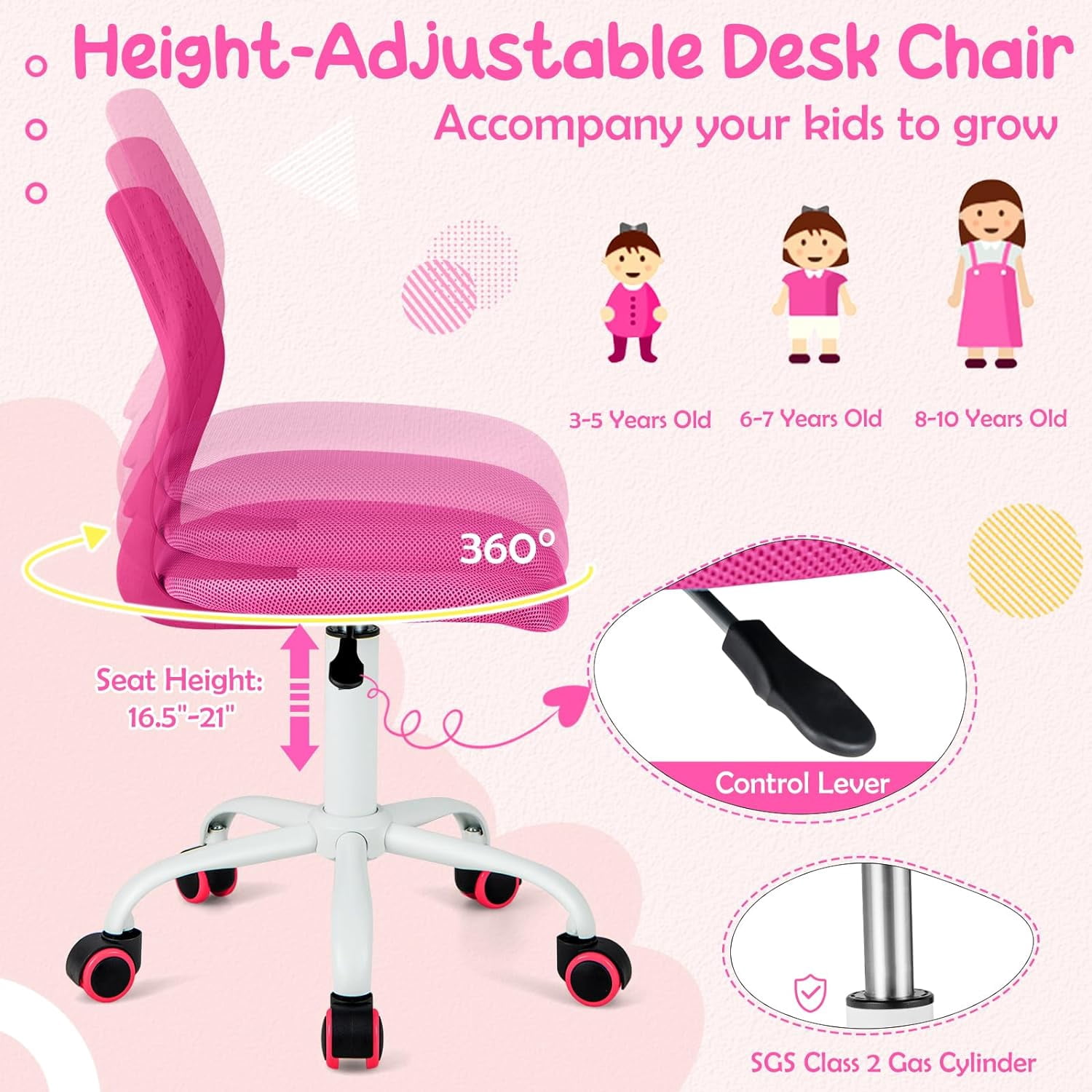GLACER  Desk Chair, Armless Study Chair with Adjustable Height & Swivel, Low Back, Ergonomic Rolling Office Chair Computer Chair for Teens, Children (Rose)