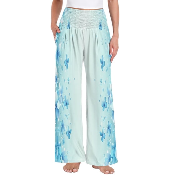Women's Casual Pants & Capris, Soft Stretch Smocked with Pockets, Cotton-like Modal for Home/Yoga Exercises, Light Blue Hydrangea,S