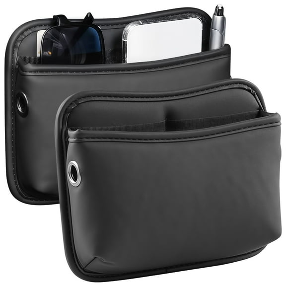 2PCS Car Storage Pockets, Universal Adhesive Leather Vehicle Gap Organizer, Multi-functional Center Console Accessories, Driver Passenger Side for Phone Wallet Keys, Black