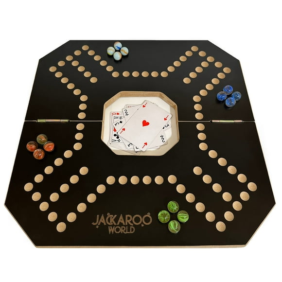 Jackaroo Board Game - 2-4 Player Cards and Marbles Board Game - Marble Chase Game - Joker Game Board with Marbles - Marbles and Jokers Board Game Wooden Board Foldable a