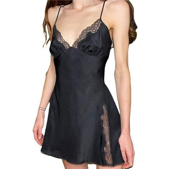 Backless Halter Dress Women Black Lace Panel elastic satin V-neck Backless Waist Halter Dress