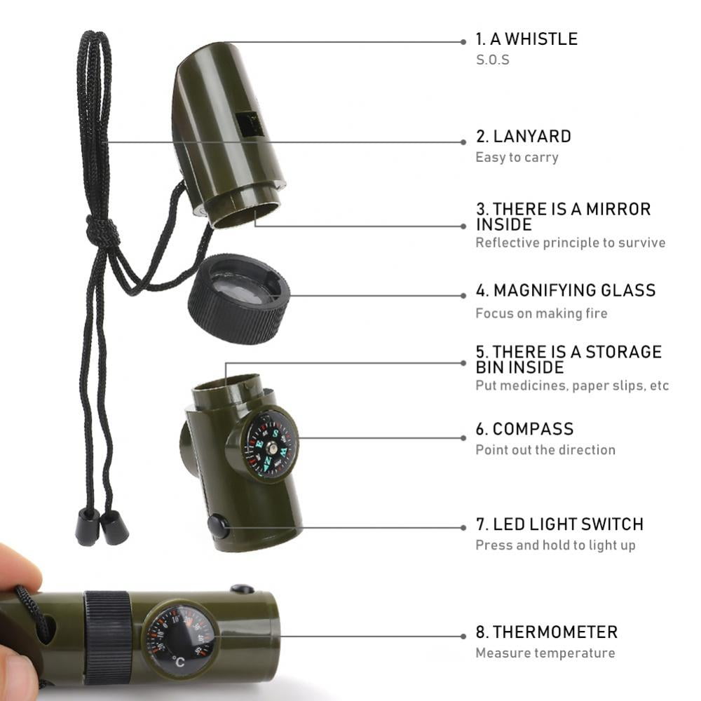 4 In 1 Outdoor Survival Whistle Compass Magnifying Thermometer /& Keychai rO