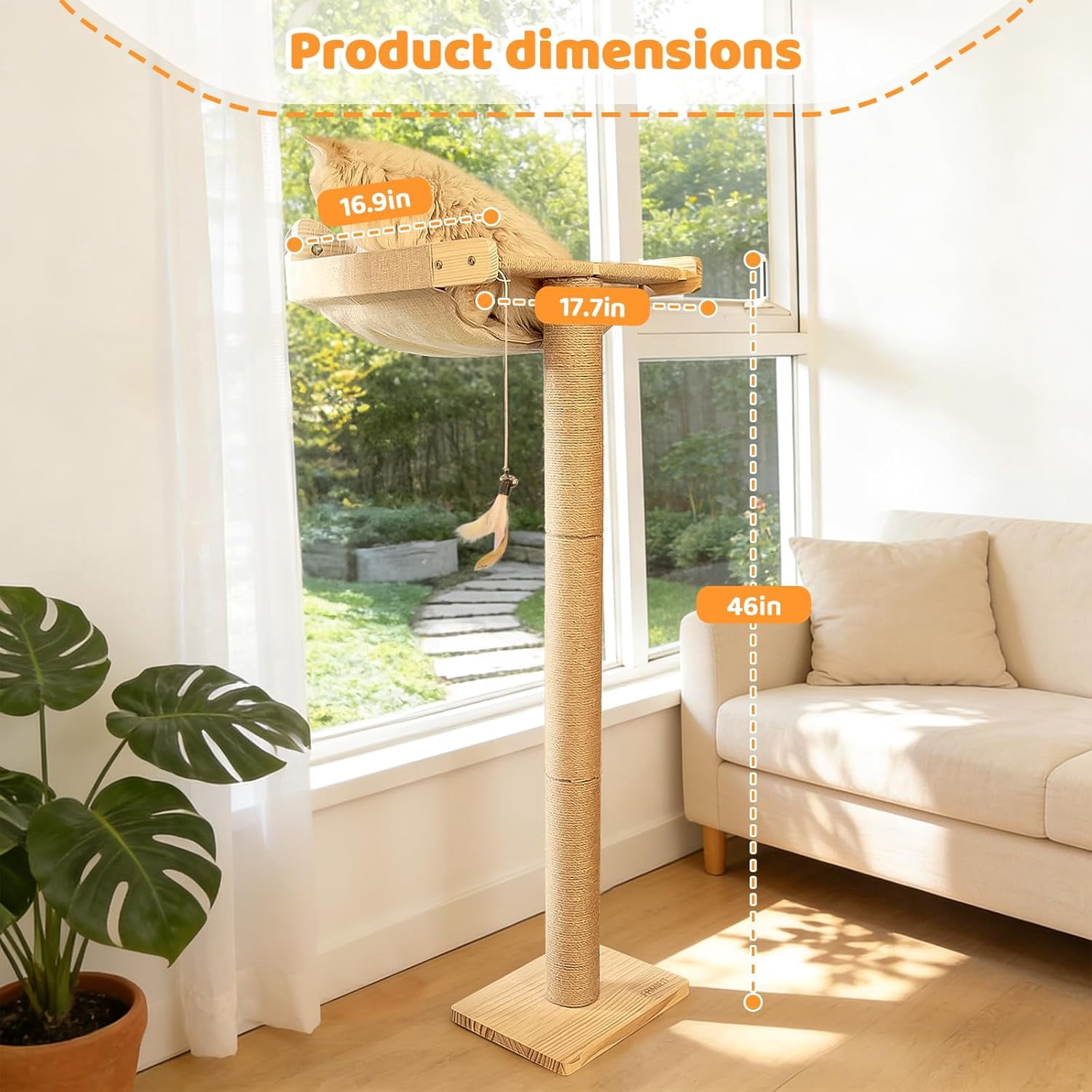 Cat Window Perch Hammock with 3-Piece Detachable Sisal Scratching Posts, Gray Fluffy Cusion, Drill-Free Suction Cup Mount, Multi-Level Climbing Perch for Bird Watching, 45 LBS Capacity