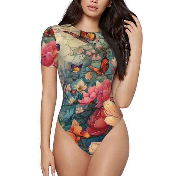 Fotbe Butterflies In Blooming Garden Body de Mujer con Cuello Redondo y Mangas Cortas, Sin Mangas Ajustado, Suave, Cómodo y Básico-X-Large