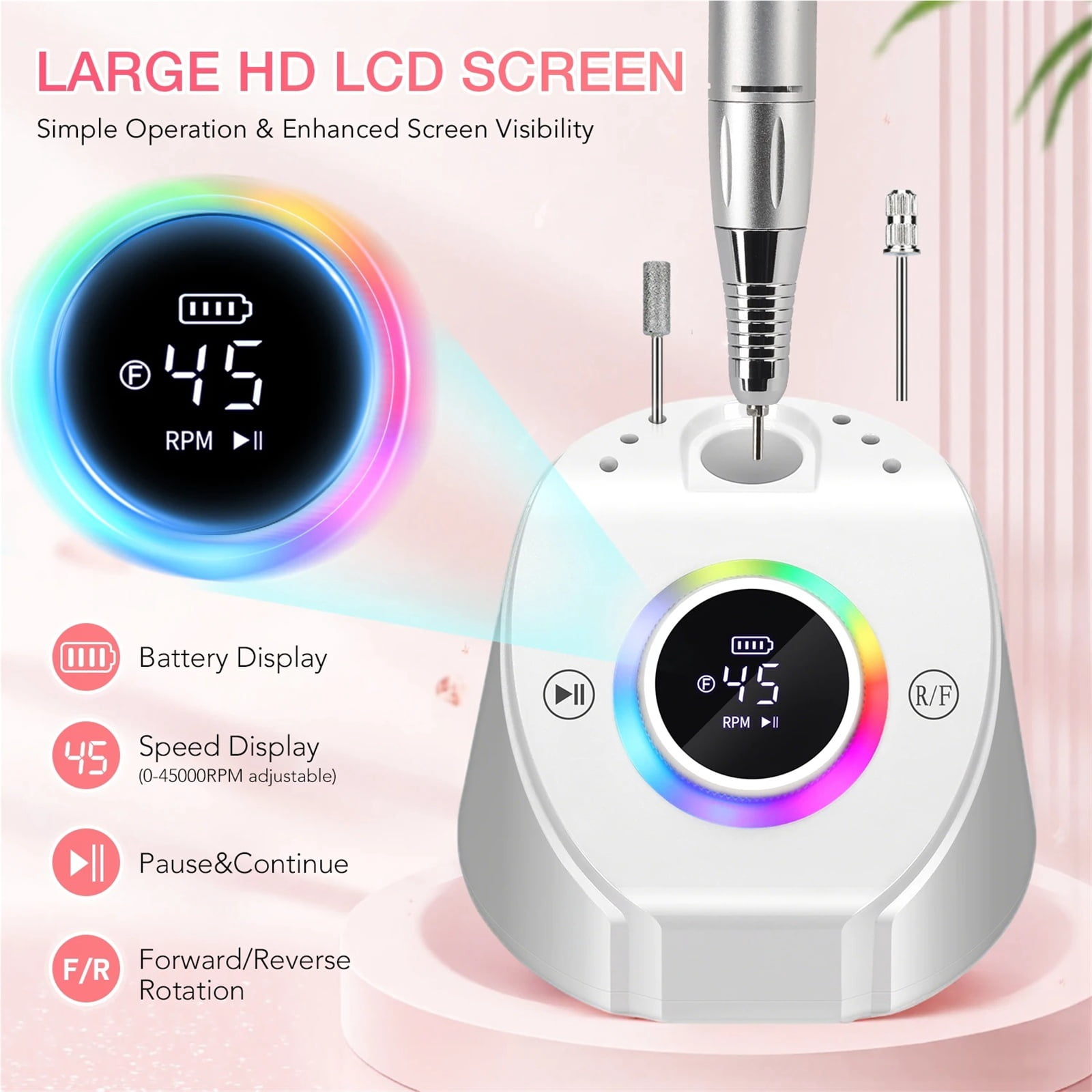 45000RPM Rechargeable Nail Drill Machine Desktop Polishing Machine Electric Sander Low Noise Nail Salon Tools