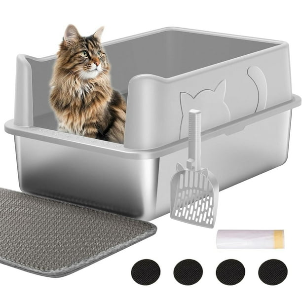 Caja de arena de acero inoxidable, caja de arena para gatos de lados altos con cuchara, alfombrilla para gatos, Bolsas de arena para gatos, 48L caja de gato fácil de limpiar para gatos grandes