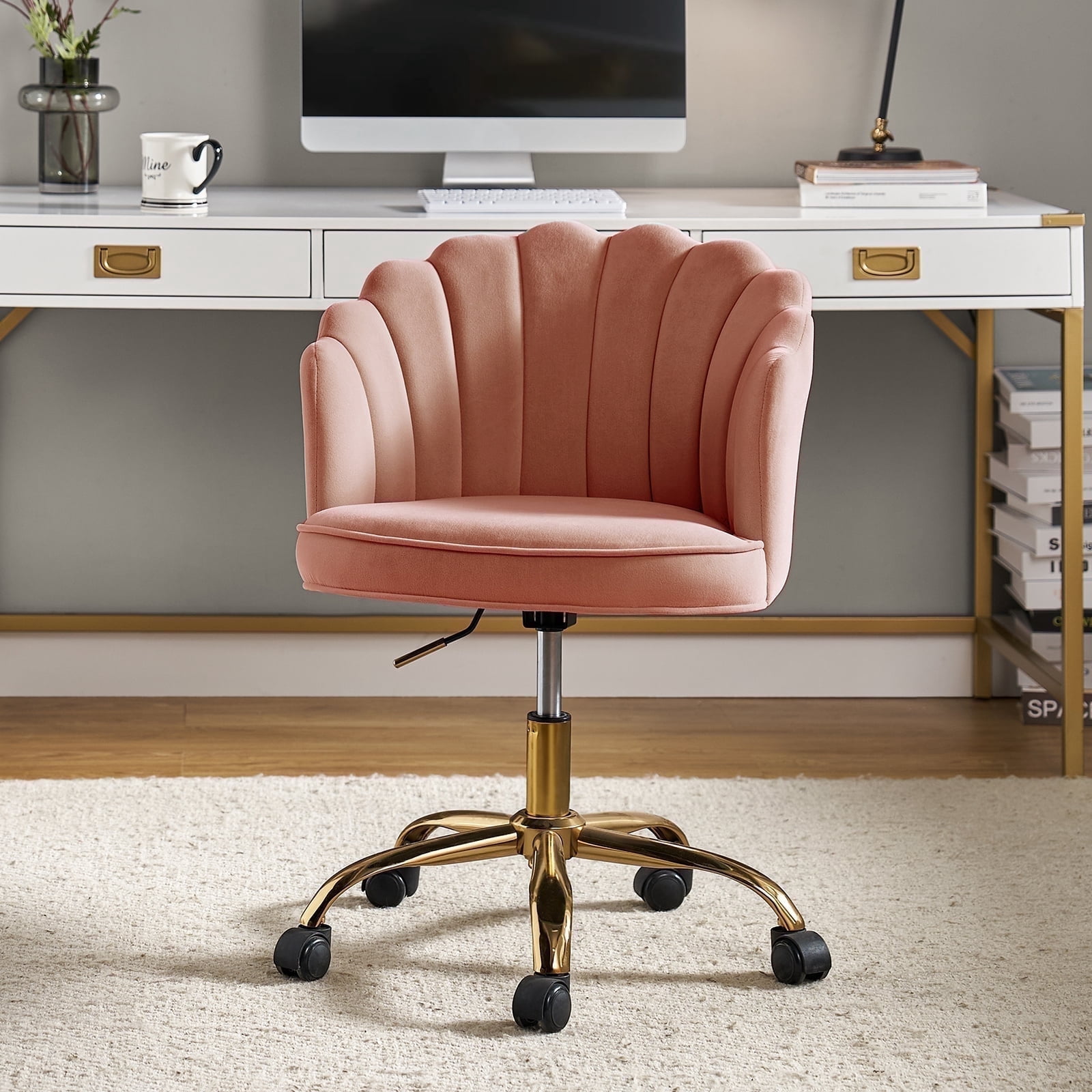 Makeup Vanity Chair Upholstered Velvet Office Task Desk Chair Swivel Adjustable Pink